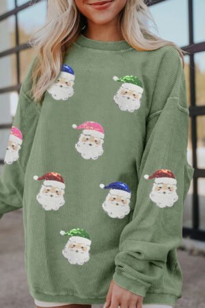 Grass Green Corded Ribbed Sequin Patched Santa Claus Graphic Sweatshirt - Image 3