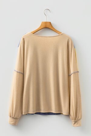Sail Blue Exposed Stitching Colorblock V Neck Long Sleeve Top - Image 6