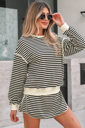 Black Stripe Textured Drop Shoulder Pullover Top Drawstring Mini Skirt Two Piece Dress Set - Image 5