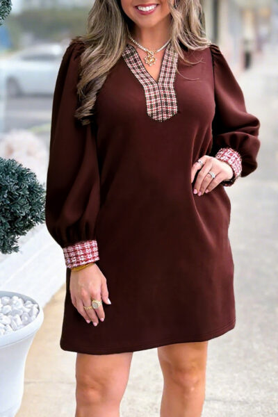 Coffee Contrast Plaid Trim Patchwork Collared Plus Size Shift Mini Dress