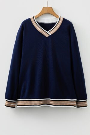 Navy Blue Varsity Contrast Striped Trim V Neck Sweatshirt - Image 5