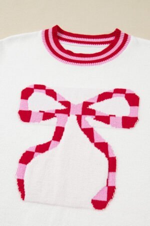 White Striped Trim Bow Graphic Round Neck Drop Shoulder Sweater - Image 6
