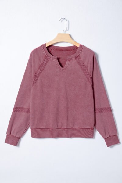 Alternative view of Red Dahlia Lace Patchwork Detail Notched Neck Mineral Wash Baggy Sweatshirt