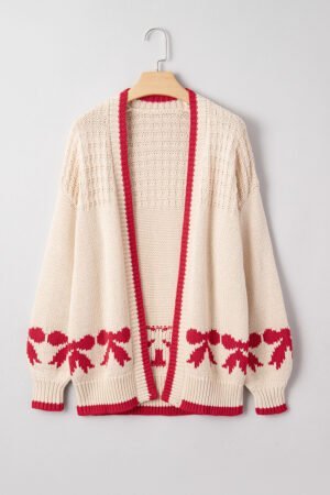 Apricot Bow Pattern Textured Open Front Baggy Cardigan - Image 3