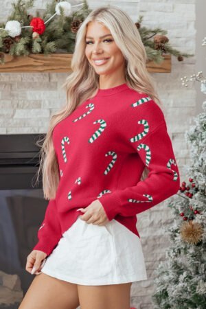 Racing Red Christmas Candy Cane Holiday Drop Shoulder Sweater - Image 3