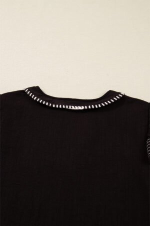 Black Contrast Stitched Detail V Neck Ruffle Long Sleeve Blouse - Image 7