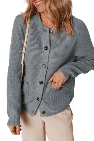 Medium Grey Chunky Buttoned Front Round Neck Cardigan Sweater - Image 7