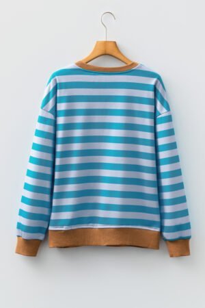Sky Blue Stripe Contrast Color Ribbed Trim Round Neck Drop Shoulder Sweatshirt - Image 6