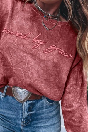 Mineral Red saved by grace Letter Embroidery Mineral Wash Loose Sweatshirt - Image 3