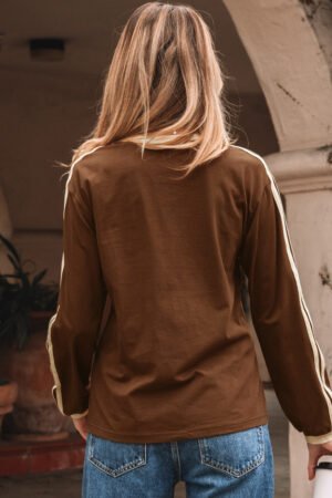 Dark Brown Varsity Striped Accent Contrast Crew Neck Long Sleeve T Shirt - Image 10