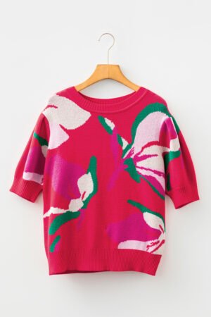 Red Floral Abstract Print Short Puff Sleeve Sweater - Image 8