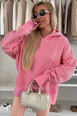 Rose Stripe Thumbhole Side Slits Drop Shoulder Loose Fit Hoodie - Image 4