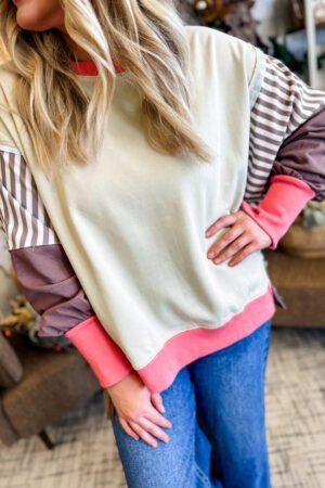 White Color Block Striped Patchwork Dolman Slit Sweatshirt - Image 4
