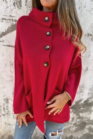 Fiery Red Collared Button Front Wrapped Cardigan Jacket - Image 2