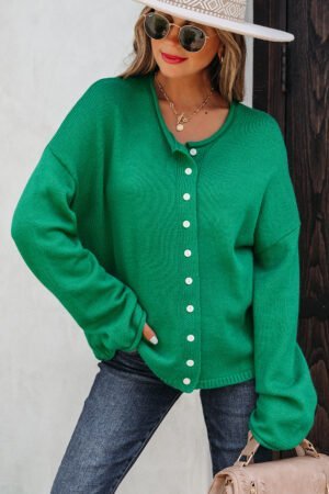 Bright Green Solid Color Knit Button Drop Shoulder Sweater Cardigan - Image 3