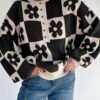 Black Flower Plaid Henley Baggy Sweater