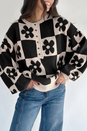 Black Flower Plaid Henley Baggy Sweater