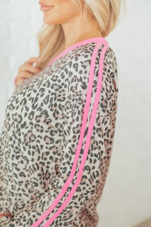 Khaki Leopard Print Contrast V Neck Varsity Stripe Detail Long Sleeve Top - Image 2