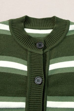 Green Stripe Drop Shoulder Buttons Cardigan Sweater - Image 7