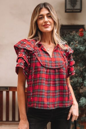 Red Festive Plaid Pearl Embellished Ruffle Short Sleeve Blouse - Image 5