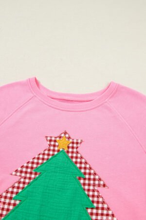 Sachet Pink Plaid Contrasted Double Christmas Tree Patched Raglan Sleeve Pullover 2pcs Short Set - Image 10