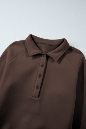 Dark Brown Solid Collared Sweatshirt and High Waist Pants Active Set - Image 9