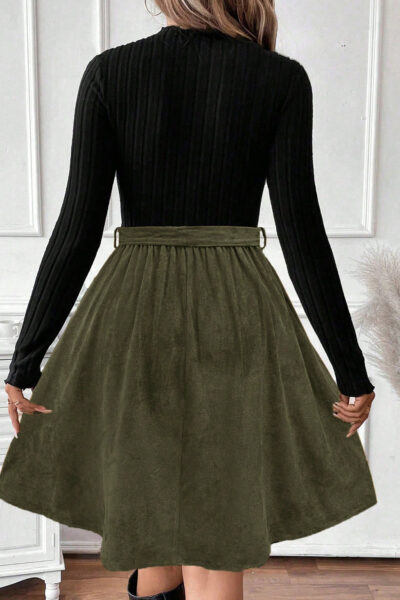 Black Ribbed Knit Slim Bodice Contrast Flared Skirt Patchwork Belted Dress