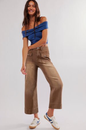 Brown Flap Pockets Front Straight Cropped Jeans - Image 3