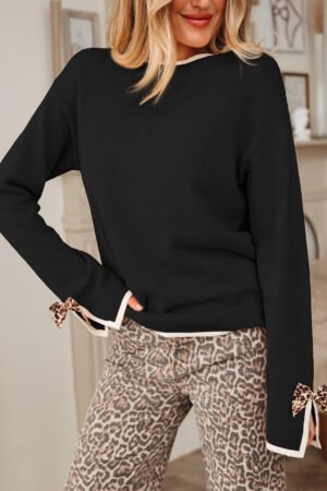 Black Leopard Bow Decor Split Cuff Contrast Trim Sweater - Image 5