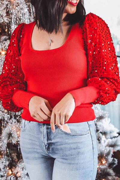 Fiery Red Sequin Sleeve Patchwork Ribbing Knit Square Neck Holiday Sweater