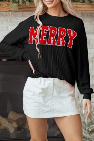 Black Twisted Rib Outlined Merry Letter Graphic Loose Long Sleeve Top - Image 15