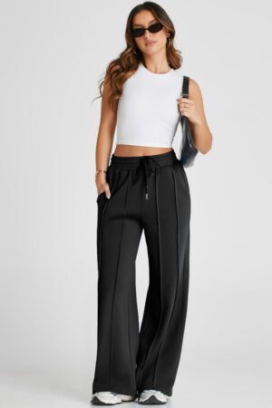 Black Seamed Drawstring High Waist Wide Leg Sweatpants - Image 6
