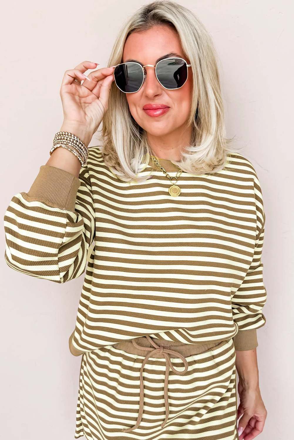 Brown Stripe Textured Drop Shoulder Pullover Top Drawstring Mini Skirt Two Piece Dress Set Brown Stripe Textured Drop Shoulder Pullover Top Drawstring Mini Skirt Two Piece Dress Set