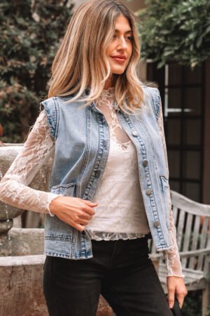 Beau Blue Scalloped Trim Patch Pocket Button Front Denim Vest - Image 13