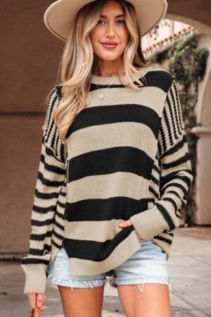 Black Stripe Drop Shoulder Sleeve Patchwork Baggy Sweater - Image 4