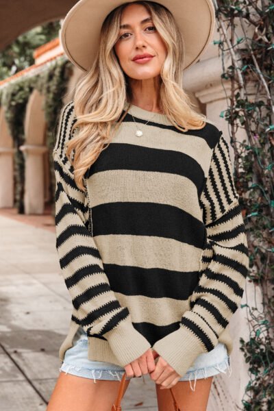 Black Stripe Drop Shoulder Sleeve Patchwork Baggy Sweater