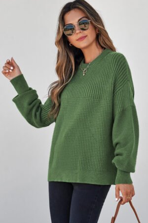 Alternative view of Vineyard Green Solid Color Mixed Textured Knitted Crew Neck Sweater