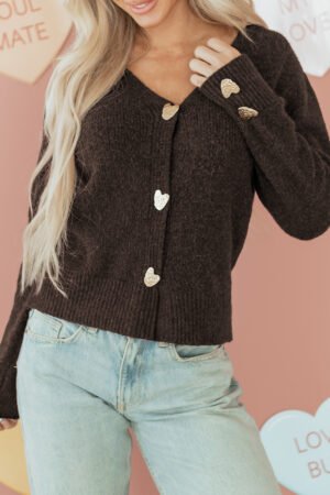 Chicory Coffee Heart Metal Button V Neck Cardigan Sweater - Image 11