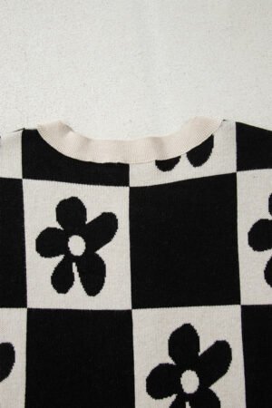 Black Flower Plaid Henley Baggy Sweater - Image 7