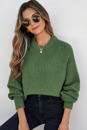 Vineyard Green Solid Color Mixed Textured Knitted Crew Neck Sweater - Image 3