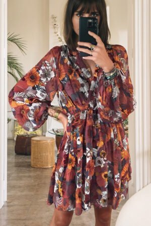 Red Floral Print Wrap V Neck Puff Sleeve Flowy Mini Dress - Image 3