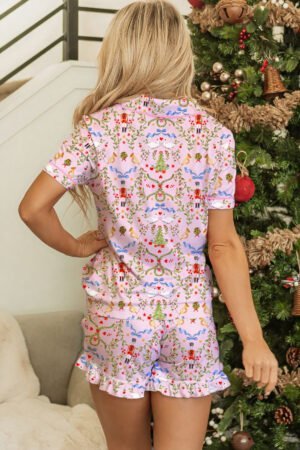 Pink Nutcracker Doll Christmas Print Ribbon Tie Waist Short 2pcs Pajama Set - Image 2
