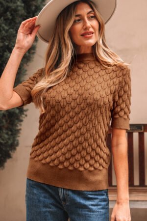 Straw Yellow Fish Scale Textured Knit Ribbed High Neck Short Sleeve Sweater - Image 4
