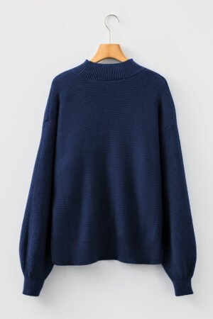 Dirty blue Solid Color Front Seam Drop Shoulder Loose Sweater - Image 5