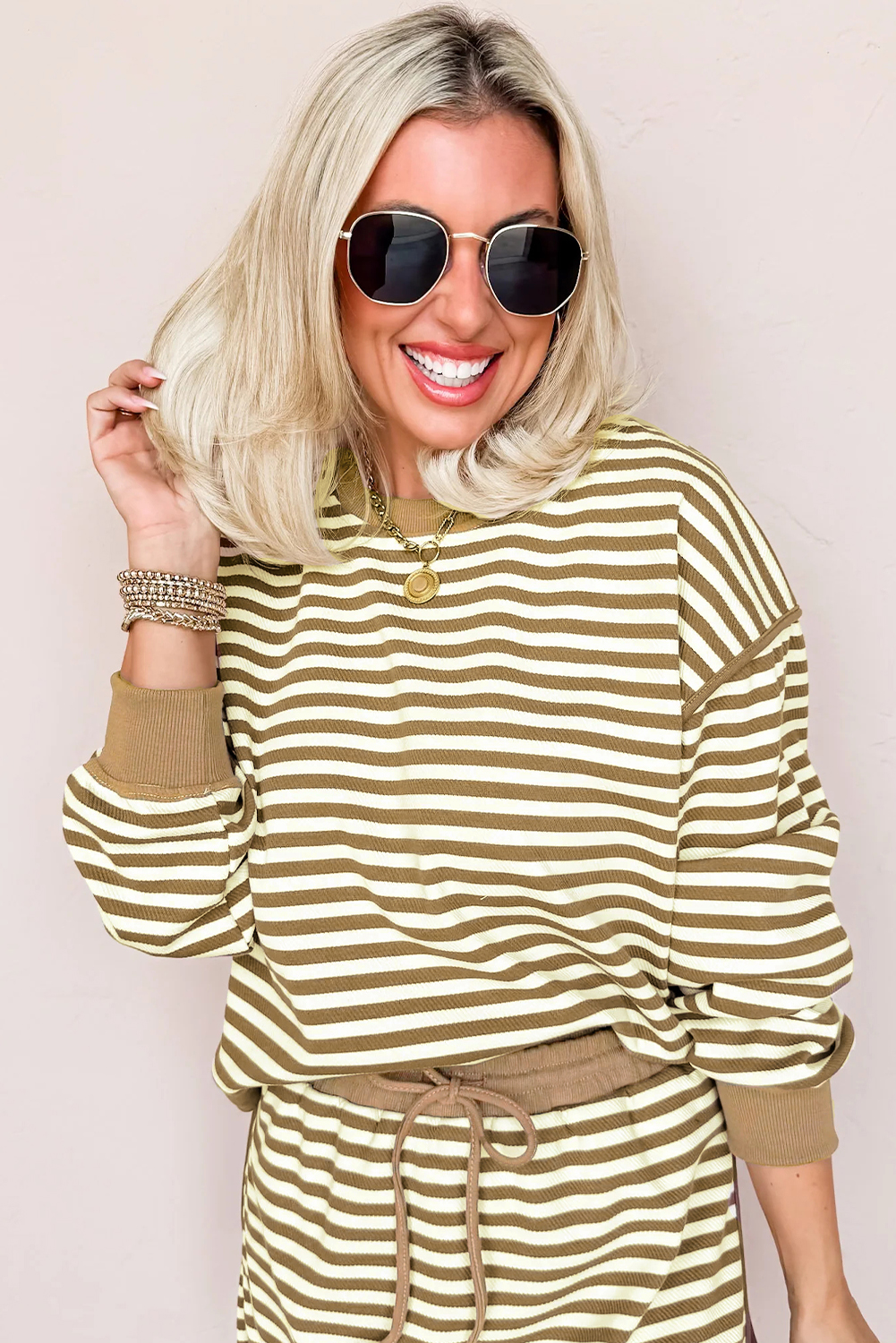 Brown Stripe Textured Drop Shoulder Pullover Top Drawstring Mini Skirt Two Piece Dress Set Brown Stripe Textured Drop Shoulder Pullover Top Drawstring Mini Skirt Two Piece Dress Set