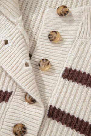 Brown Stripe Ribbed Henley Drop Shoulder Slouchy Sweater - Image 10