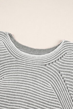 Medium Grey Striped Print Ribbed Knit Boat Neck Baggy Sweater - Image 7
