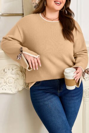 Tan Plus Size Leopard Bow Decor Split Cuffs Loose Sweater - Image 14