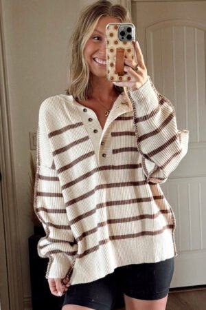 Brown Stripe Ribbed Henley Drop Shoulder Slouchy Sweater - Image 3
