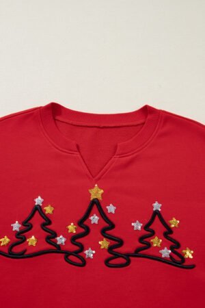 Tomato Red Christmas Tree Embroidered Notched Neck Cropped Sweatshirt - Image 6
